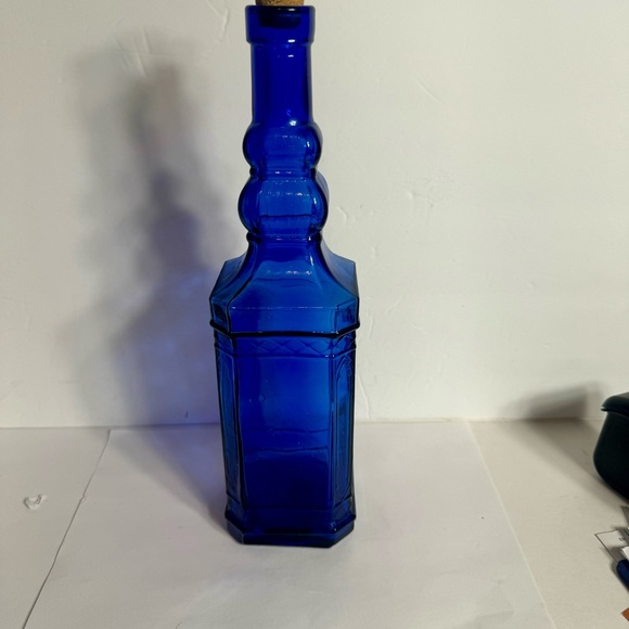 Cobalt Blue glass decorative bottle with cork. Approx. 11 3/4" Ornate Bottle - Picture 4 of 11